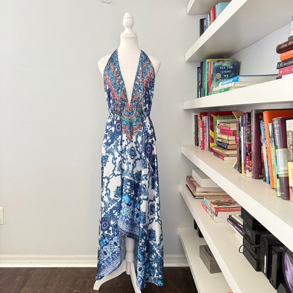 VENUS Blue and White Backless Halter Sundress Large - Picture 1 of 12